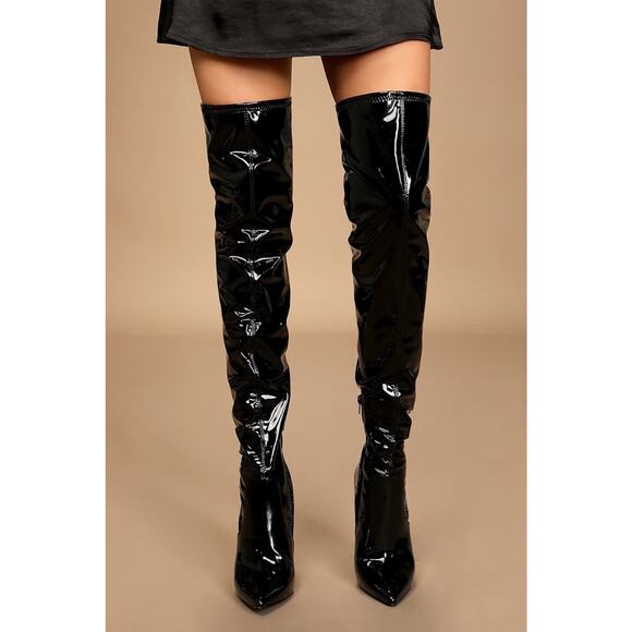 Steve Madden "Viktory" Pretty Woman Thigh Black Patent Stiletto Boots 8.5 NEW - Picture 3 of 5